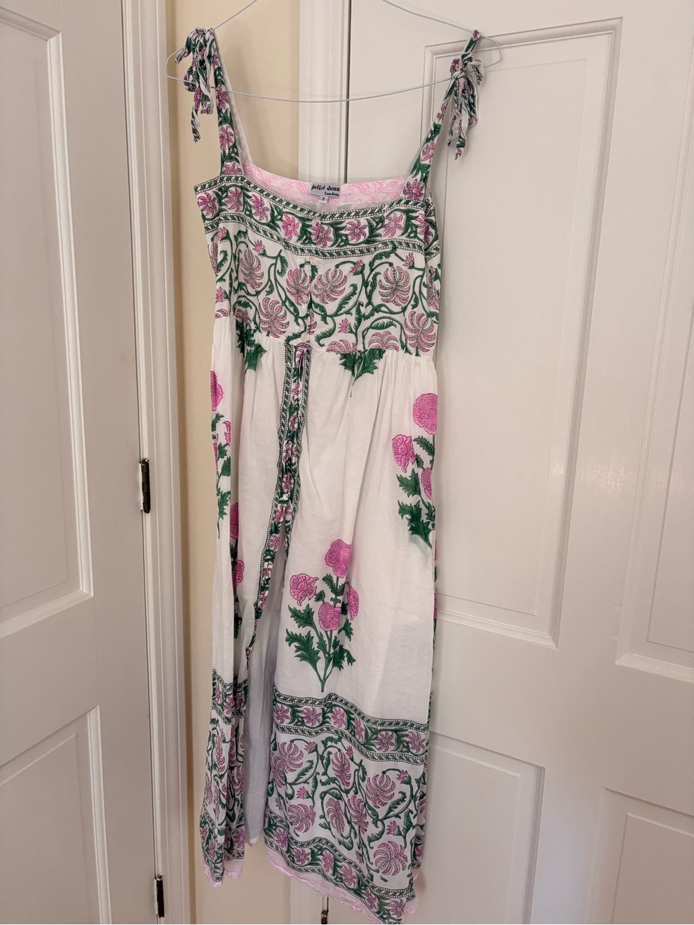Juliet Dunn White Maxi Dress with Pink Floral & Green Accents